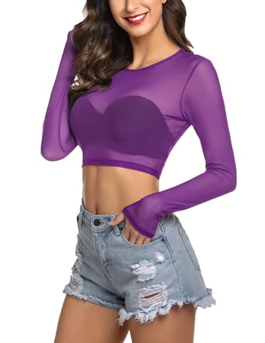 Avidlove Damen Festival Outfit Sexy Top Crop Oberteile Rave Bluse Body Langarm Shirt Mesh Clubwear Lila XXL Avidlove Damen Festival Outfit Sexy Top Crop Oberteile Rave Bluse Body Langarm Shirt Mesh Clubwear Lila XXL von Avidlove