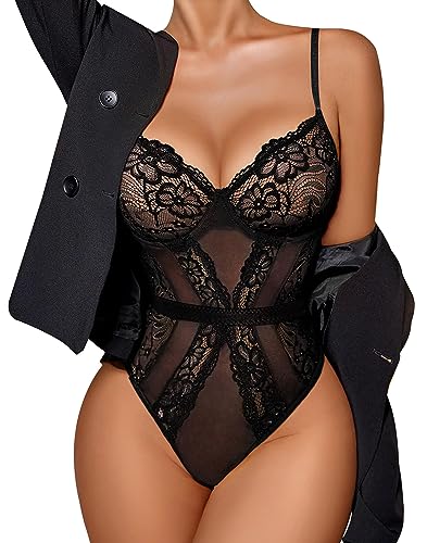 Avidlove Body Damen Bodysuit Elegant Lingerie Sexy Oberteil Dessous Tops V Ausschnitt Unterwäsche Mesh Curvy Babydoll Teddy Spitze Reizwäsche Outfit Snap Crotchh Schwarz L von Avidlove