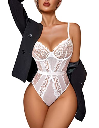 Avidlove Body Damen Bodysuit Elegant Lingerie Dessous Sexy Tops Oberteile Lace V Ausschnitt Mesh Snap Crotch Unterwäsche Mesh Curvy Babydoll Teddy Reizwäsche Outfit Weiß S von Avidlove