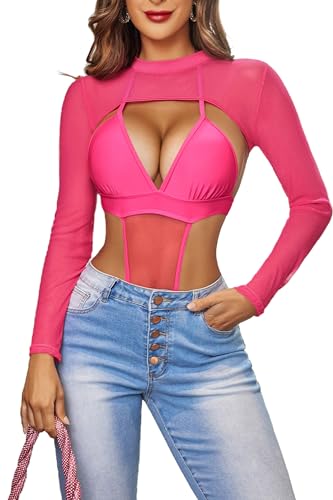 Avidlove Damen Mesh Crop Tops Langarm Netz Oberteil Freizeit Shirt Mock Neck Hemd Tops Sexy Club Outfits Outfit Tops Basic T-Shirt，Rose RotXXL von Avidlove