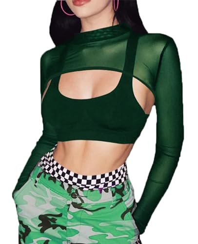 Avidlove Damen Mesh Crop Tops Langarm Netz Oberteil Freizeit Shirt Oktoberfest Mock Neck Hemd Tops Sexy Club Outfits Outfit Tops Basic T-Shirt，GrünM von Avidlove