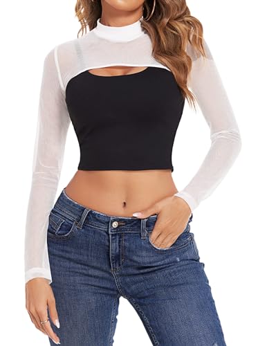 Avidlove Damen Mesh Crop Tops Langarm Netz Oberteil Freizeit Shirt Oktoberfest Mock Neck Hemd Tops Sexy Club Outfits Outfit Tops Basic T-Shirt，WeißM von Avidlove