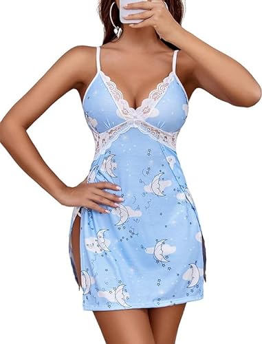 Avidlove Damen Nachtkleid Sexy Dessous Set Spaghetti-Träger Babydoll Nachtwäsche V-Ausschnitt Lingerie Schlitz Negligee Mit G-String，HimmelblauS von Avidlove