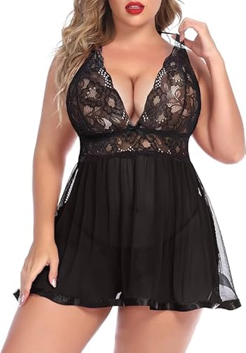 Avidlove Damen Negligee Sexy Dessous Nachthemd Große Größe Spitze Babydoll Nachtwäsche Tief V Ausschnitt Lingerie mit G-String Reizwäsche Sleepwear，Schwarz18W von Avidlove