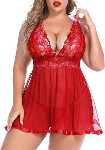 Avidlove Damen Negligee Sexy Dessous Nachthemd Plus Size Spitze Babydoll Nachtwäsche Tief V Ausschnitt Lingerie mit G-String Reizwäsche Sleepwear，Rosa16W von Avidlove