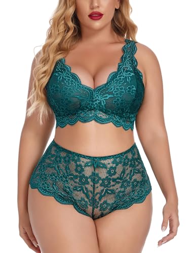 Avidlove Damen Plus Size Lingerie Set Babydoll Dessous Set Sexy BH und Slip Set Spitze Höschen-Set für Frauen Hohe Taille Große Größe Dunkelgrün 14W von Avidlove