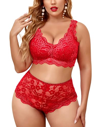 Avidlove Damen Plus Size Lingerie Set Babydoll Dessous Set Sexy BH und Slip Set Spitze Höschen-Set für Frauen Hohe Taille Große Größe Rot 14W von Avidlove