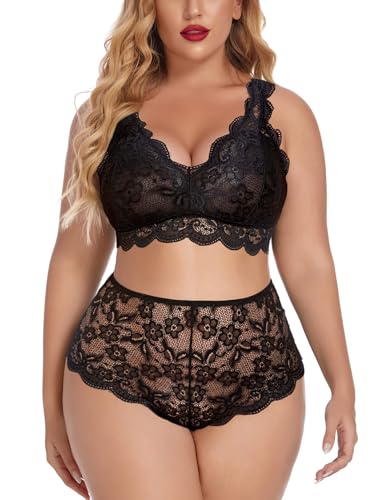 Avidlove Damen Plus Size Lingerie Set Babydoll Dessous Set Sexy BH und Slip Set Spitze Höschen-Set für Frauen Hohe Taille Große Größe Schwarz 16W von Avidlove