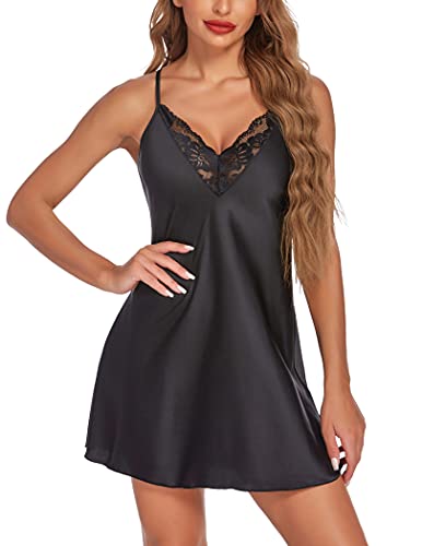 Avidlove Damen-Reizwäsche Sexy Lingerie Satin Nachthemd Rückenfrei Negligee V-Ausschnitt Dessous Schwarz S von Avidlove