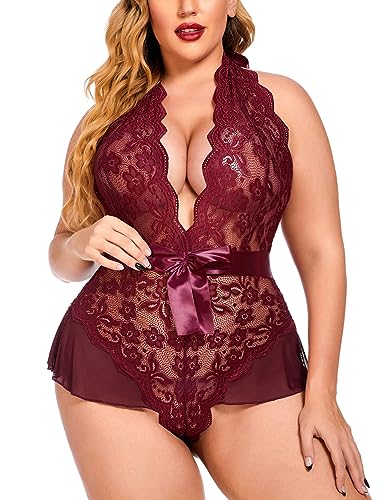 Avidlove Damen Sexy Body Dessous EIN Lingerie Plus Size Babydoll Bodysuit Spitze Neckholder Nachtwäsche Große Größen Dunkelrot 16W von Avidlove