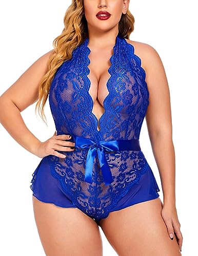 Avidlove Damen Sexy Body Dessous EIN Lingerie Plus Size Babydoll Bodysuit Spitze Neckholder Nachtwäsche Große Größen Königsblau 18W von Avidlove