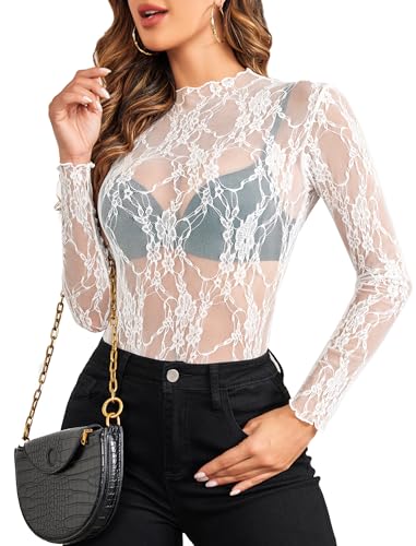 Avidlove Damen Sexy Top Langarm Shirt Elegant Bluse Spitze Oberteil Festival Outfit Mesh Sommer Durchsehen Rave Weiß XXXL von Avidlove