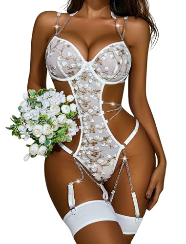 Avidlove Damen Spitze Dessous Set mit Bügel und Chocker Blumen Sexy Bodysuit mit Strumpfband Push-Up Corsage BH Unterwäsche Kette Reizwäsche Set，WeißL von Avidlove