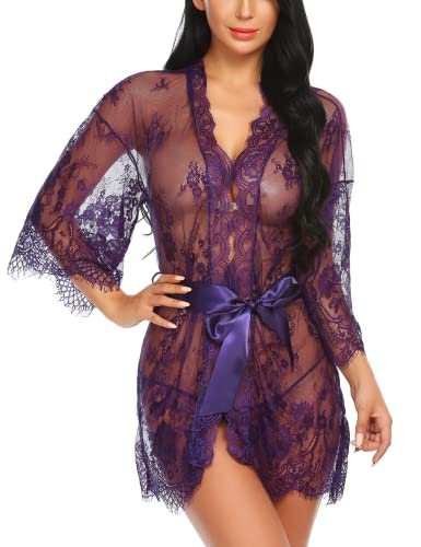 Avidlove Damen Spitze Kimono Robe Babydoll Lingerie Mesh Nachthemd S-4XL - Violett - Small von Avidlove