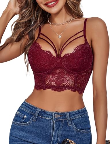 Avidlove Damen Unterhemden BH-Hemden Sexy Spitze Bustier Bauchfrei Camilose Top Zwei Schicht Spaghettiträger Oberteil V-Ausschnitt Bralettes Cami Tanktop,RotL von Avidlove