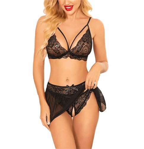 Avidlove Dessous Damen sexy reizwäsche Damen Set unterwäsche Set BH und Slip nachtwäsche Frauen Negligee offener Schritt Lingerie mesh Babydoll Spitze Schwarz L von Avidlove