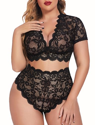 Avidlove Dessous-Set in Übergröße mit floralem Spitzenbesatz, Dessous-Set, tiefer V-Allover, Spitzen-BH, Höschen-Set, sexy Clubwear, 1 Schwarz von Avidlove