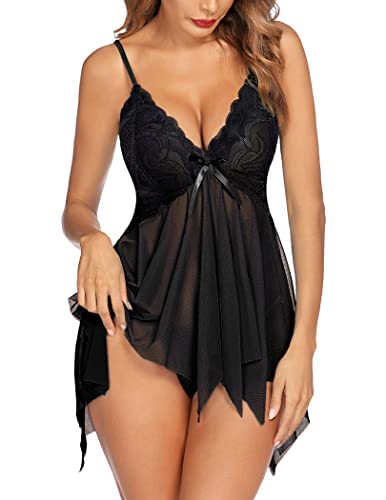 Avidlove Dessous für Frauen Spitze Babydoll Nachtwäsche Boudoir Outfits Plus Size Langeray XS-5XL, Schwarz-Doppelschichten, 38 von Avidlove