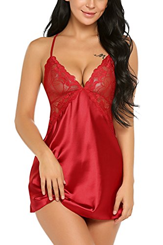 Avidlove Frauen Hochzeit Nachthemd Spitze Dessous Sexy Babydoll Satin Nachtwäsche Riemen Teddy XL, Rot von Avidlove