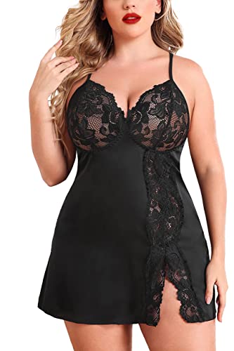 Avidlove Plus Size Dessous Sexy Satin Nachthemd Spitze Babydoll Lingerie Reizwäsche Träger Unterhemd mit Blumenmuster Schwarz 16W von Avidlove