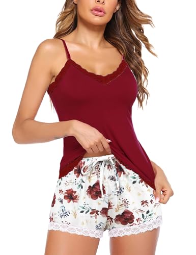 Avidlove Pyjama Set Schlafanzug Damen Sleepwear Kurz Sommer mit Spaghettiträger Ärmellos Zweiteiliger Cami Top und Shorts Nachtwäsche V-Ausschnitt Spitze, Rote Blume M von Avidlove