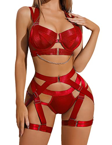 Avidlove Reizwäsche Dessous Sexy Curvy Strapsen Set Elegant Unterwäsche Bequem BH Und Slip Verstellbar Neckholder Rot XXL von Avidlove