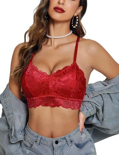 Avidlove Sexy BH-Hemden Bustier Paded Bra Racerback Spitze Bralette Damen Crop Top Kurz Dessous V-Ausschnitt Weinrot S von Avidlove