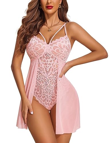 Avidlove Sexy Babydoll Negligee Damen Lingerie Teddy Dessous Chemise Spitze Nachthemd Sexy Nachtwäsche Nachthemd Nightgown Rosa L von Avidlove