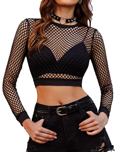 Avidlove Damen Mesh Top Sexy Bluse Langarm Clubwear Netz Crop Freizeit Oberteil Rundhalsausschnitt Shirt Oktoberfest Netzoberteil SchwarzM von Avidlove