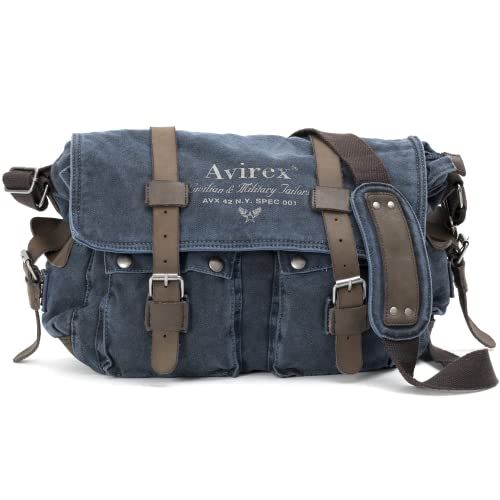 Avirex Umhängetasche für Herren für Reisen oder Arbeit im Militärstil mit Finish aus echtem Rindsleder und Canvas für PC Laptop oder Dokumententasche oder Umhängetasche, blau von Avirex