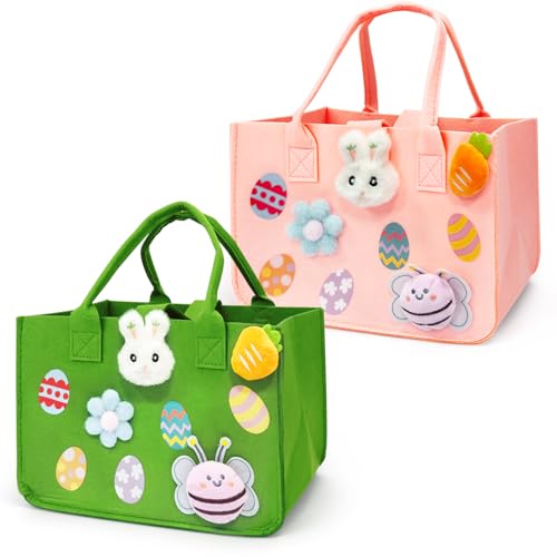 Aviski Ostereiersuche, Osterhasen-Geschenktüten mit Griffen, Oster-Leckerli-Tüten, Filz-Ostertüten für Geschenkverpackungen, Eiersuche, Oster-Partyzubehör, 30,5 x 19,8 x 17,3 cm (Rosa + Grün), 2 Stück von Aviski