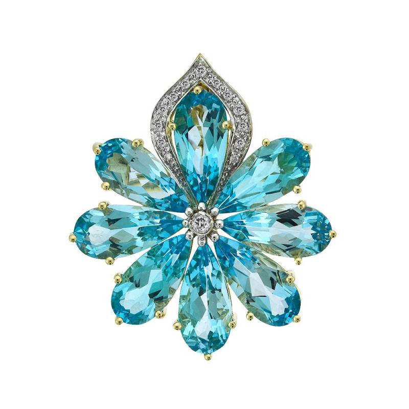 20, 0 Ct. Tw. Blautopas Und 0, 20 Rundschliff Diamant Blume Brosche 14K Gelbgold 20, 0 Ct. Tw. Blautopas Und 0, 20 Rundschliff Diamant Blume Brosche 14K Gelbgold von AvitalandCoJewelry