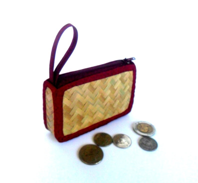 Handgemachte Bambus Geldbörse Münzbeutel Schlüsseltasche Geldbeutel Top Reißverschluss Tasche Dunkelrot Farbe/Geschenk 10 X 5 cm von Avivahandmade