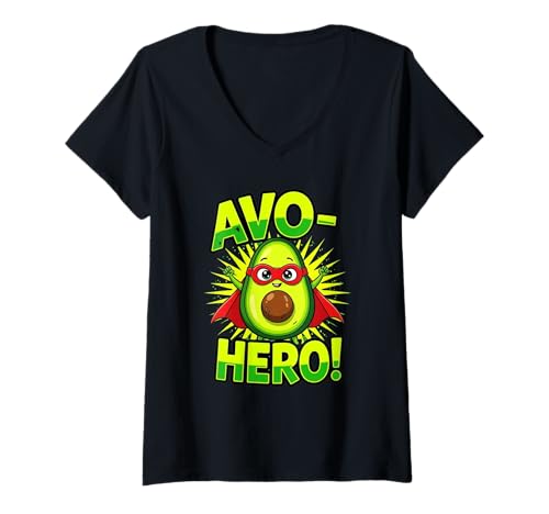 Damen AVO Hero Fun Avocado Superhelden Cartoon Charakter Design T-Shirt mit V-Ausschnitt von Avo Held lustiger Avocado Cartoon Superfood