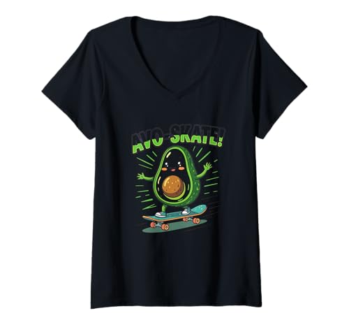 Damen AVO-Skate Lustige Avocado-Cartoon Skateboardkunst T-Shirt mit V-Ausschnitt von Avo-Skate Cartoon Avocado Skateboard Skater Design