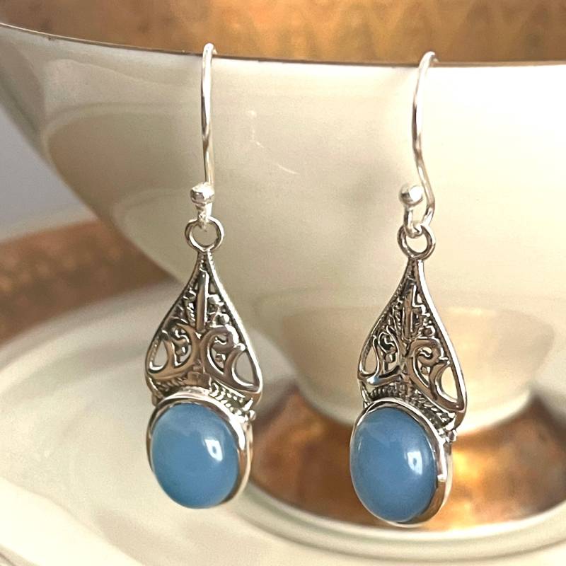 925 Gegen Den Strom Natürliche Himmelblau Chalcedon Silber Ohrringe Händeohrringe Damen Filigraner Schmuck Muttertagsgeschenk von AvoMirakII