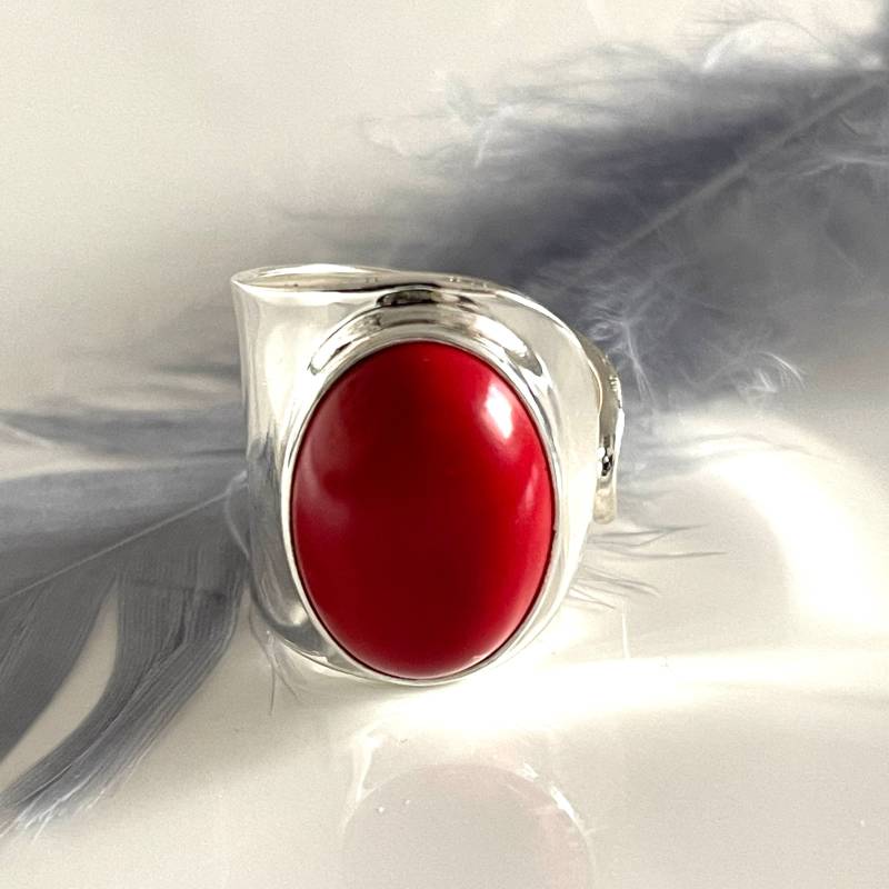 925 Massiv Silber Koralle Silberring Roter Steinring Breiter Offener Verstellbarer Eleganter Damenring von AvoMirakII