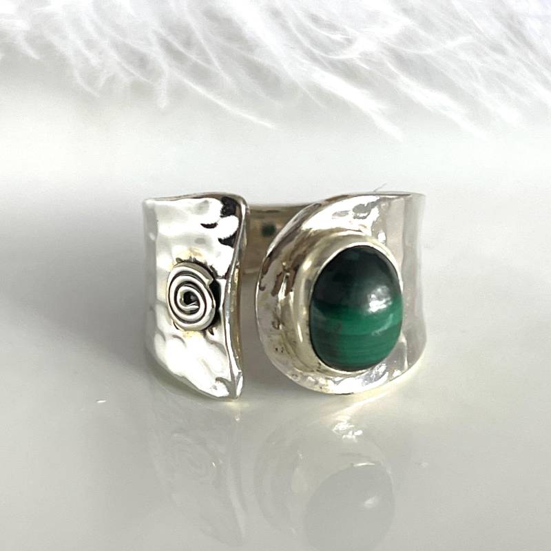 925 Offener Verstellbarer Silberring Edelstein Ring Mit Malachit Breiter Strukturring Damenring von AvoMirakII