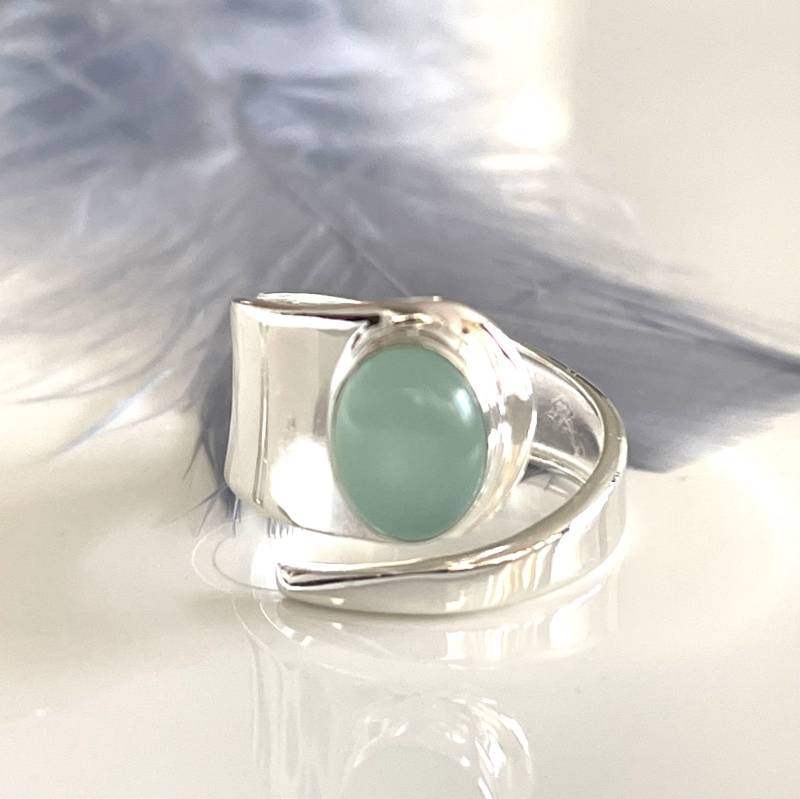 Aqua Chalcedon Ring Verstellbarer 925 Silber Breiter Edelstein Silberring Damenring von AvoMirakII