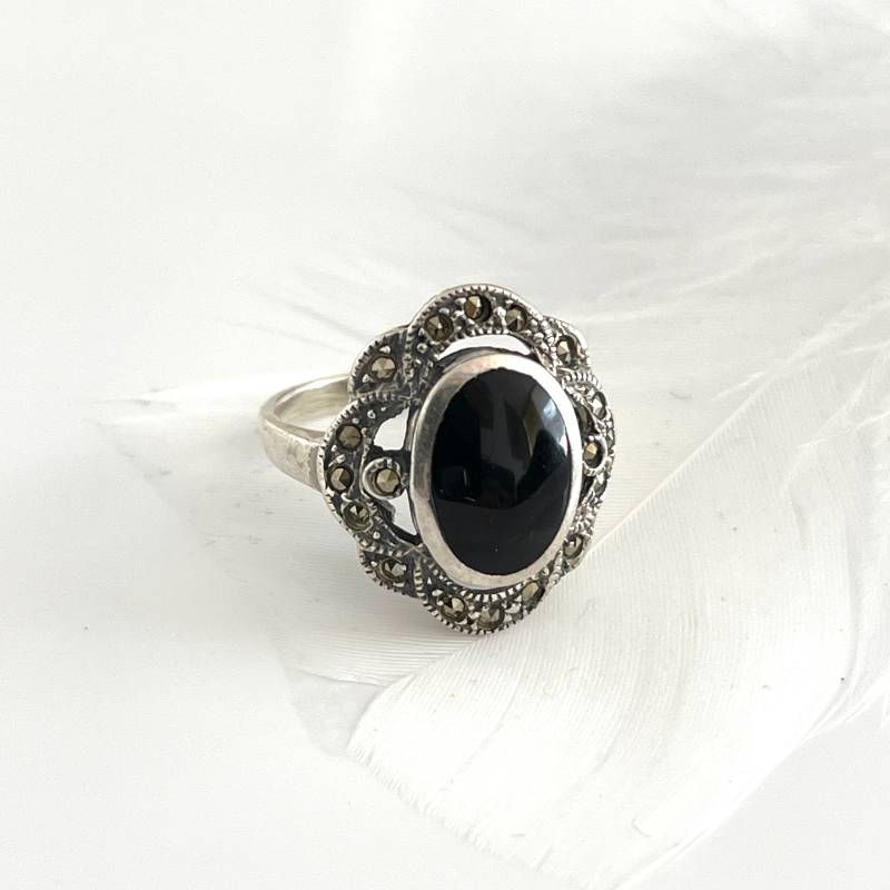 Echter Markasit Silberring 925 Mit Onyx Massiver Verlobungsring Damen Größe 54 Schwarzer Edelstein Ring Filigraner Boho Damenring von AvoMirakII