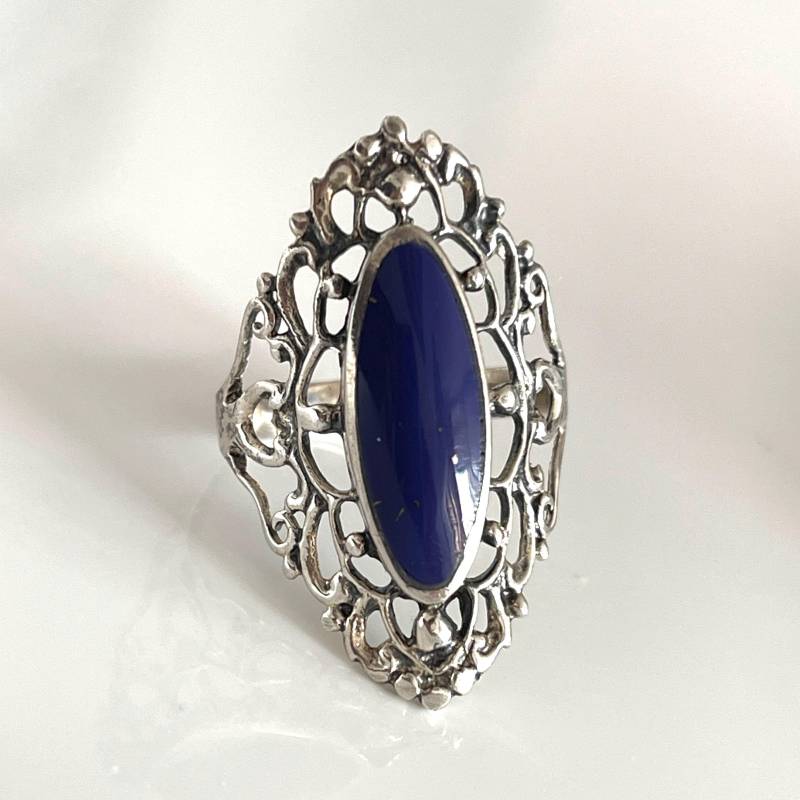Gegen Den Strom Ring 925 Lapis Lazuli Silberring Großer Zierlicher Filigraner Ornament Jubiläumsring Damenring Geschenk Für Sie von AvoMirakII