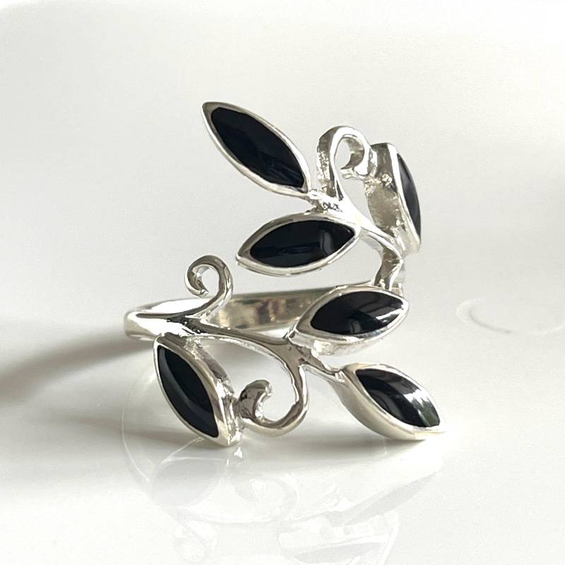Gegen Den Strom Ring Offener Verstellbarer 925 Silberring Mit 6 Onyx Steinen Blätterring Breiter Edelsteinring Für Frauen von AvoMirakII