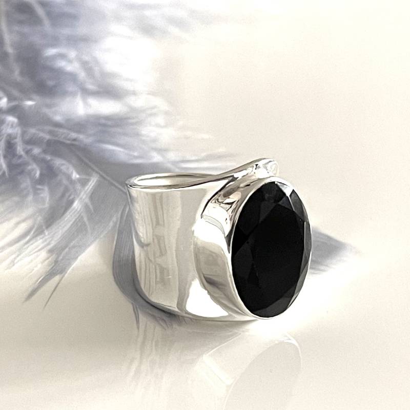 Großer Schwarzer Onyx Ring Black Verstellbar Silber 925 Offener Natürlicher Stein Echt von AvoMirakII