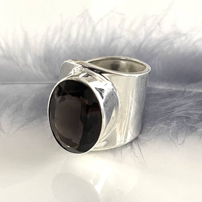 Offener Echter Silberring 925 Rauchquarz Silber Ring Herren Und Damen Statement Natürlicher Edelstein Eleganter Silberring von AvoMirakII