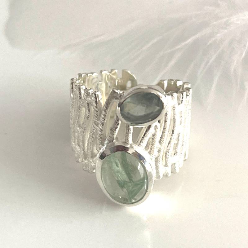 Offener Verstellbarer Beryll 925 Silberring Massiver Breiter Edelstein Ring Moderner Strukturring Damenring von AvoMirakII