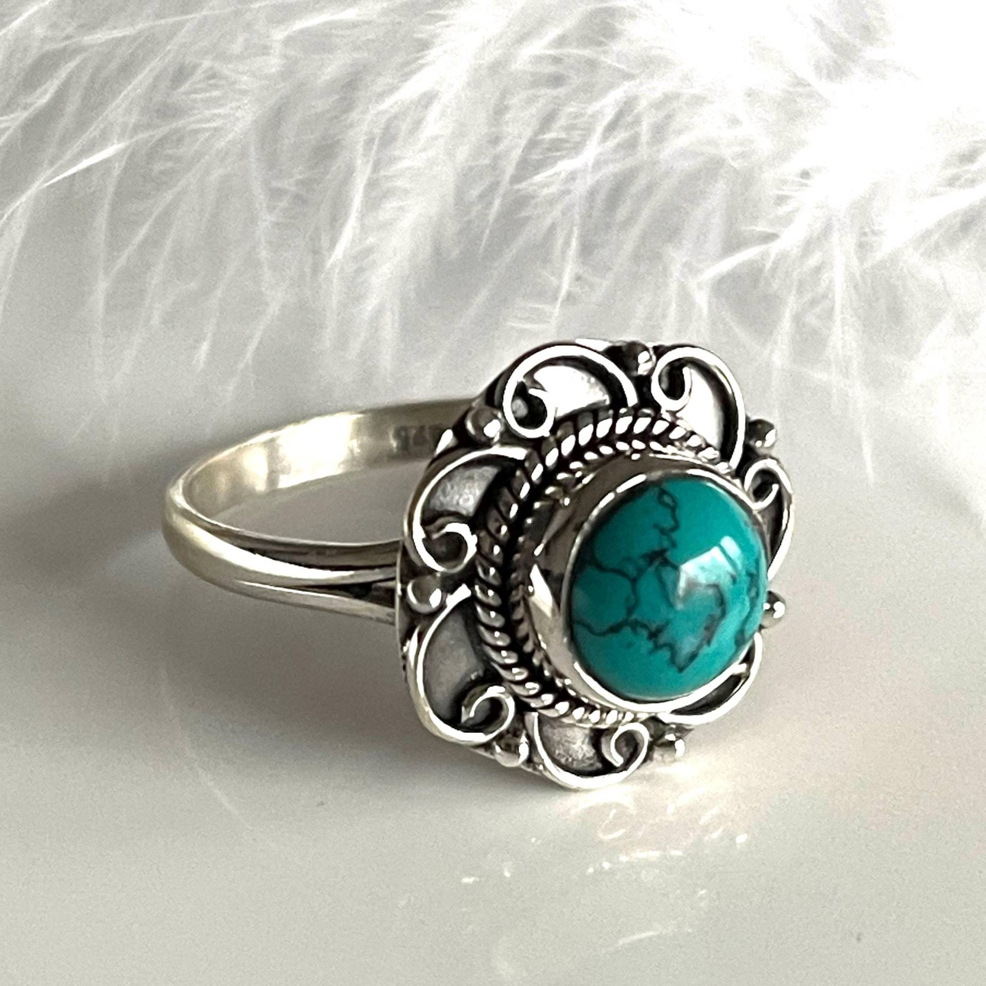 Türkis 925 Silberring Mit Rundem Stein Größe 60 Filigraner Blumenring Feiner Damenring Geschenk Für Frau von AvoMirakII