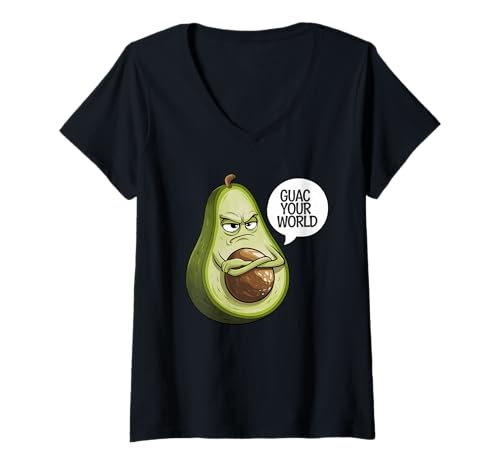 Damen Witzige Avocado-Figur mit lustigem Zitat Guac Your World T-Shirt mit V-Ausschnitt von Avocado Attitude Funny Avocado Apparel Co.