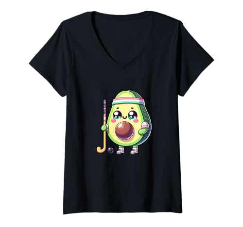 Damen Kawaii Avocado Feldhockey Niedlich Lustig Sport T-Shirt mit V-Ausschnitt von Avocado Feldhockey Kawaii Lustig Sport