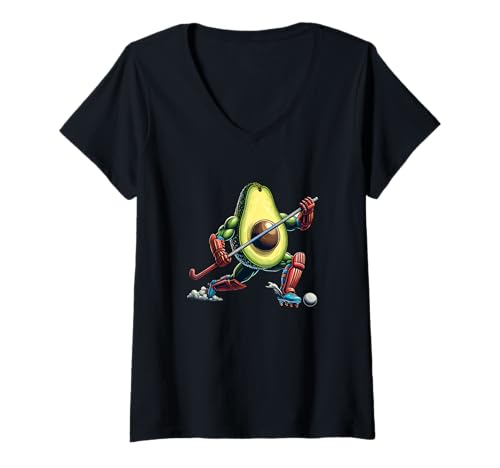 Damen Hockey Avocado Feldhockey Spieler Witzig Sport T-Shirt mit V-Ausschnitt von Avocado Feldhockey Lustig Sport Cartoon