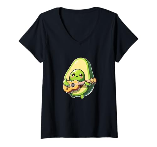 Damen Kawaii Avocado Mit Gitarre Niedlich Musik Cartoon T-Shirt mit V-Ausschnitt Damen Kawaii Avocado Mit Gitarre Niedlich Musik Cartoon T-Shirt mit V-Ausschnitt von Avocado Gitarre Kawaii Lustig Musik Cartoon